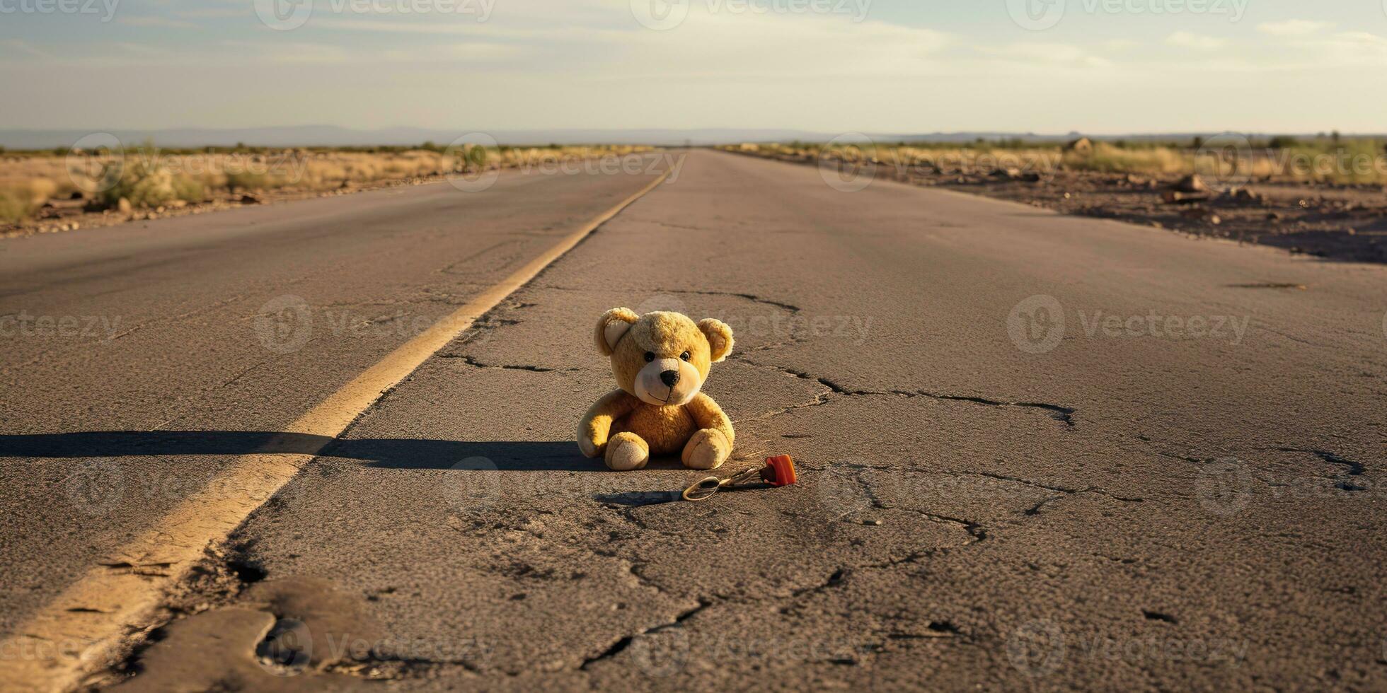 AI Generated. AI Generative. Lonely broken lost bear animal toy game on the road. Sad vibe background. Graphic Art photo