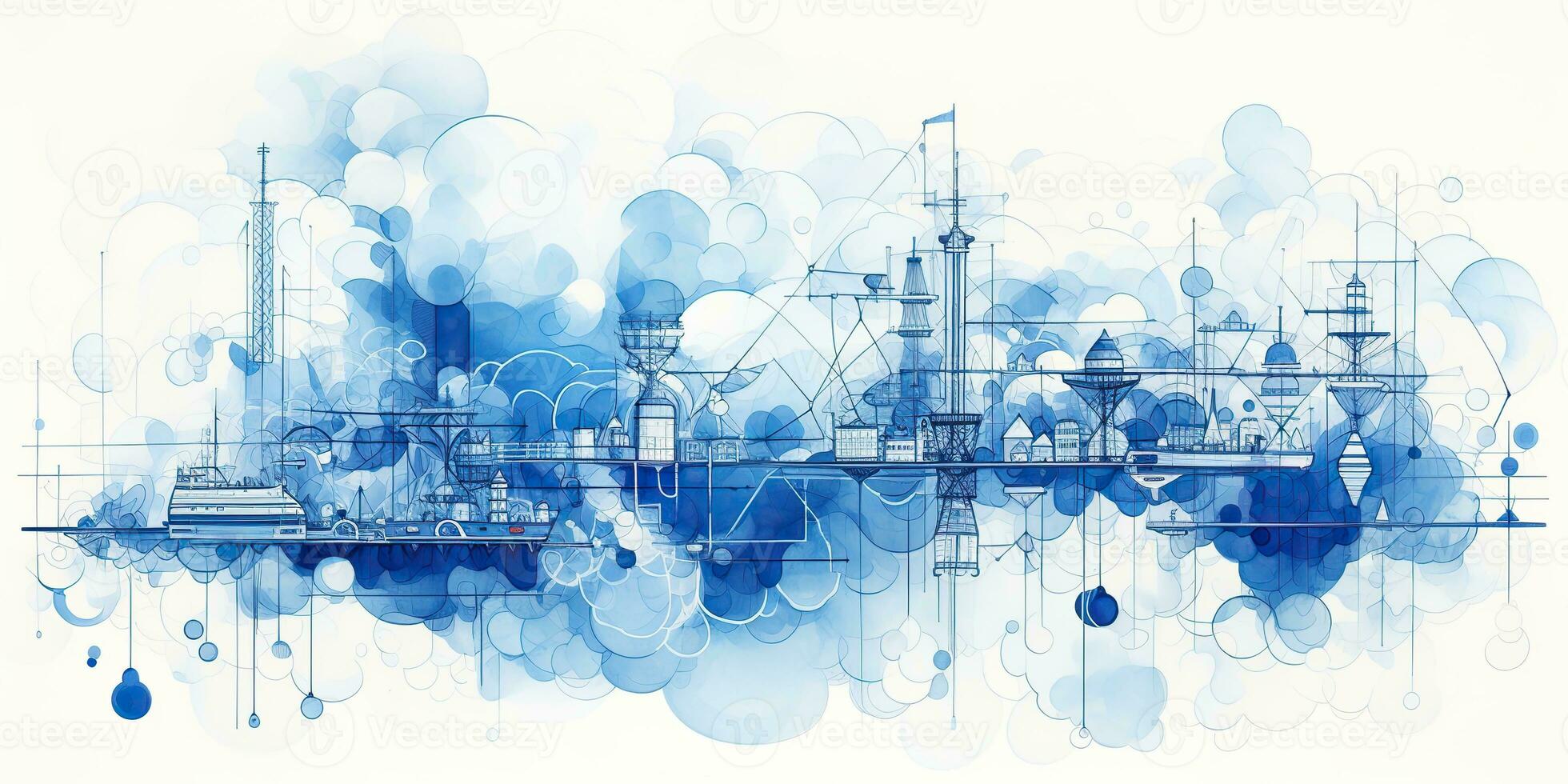 AI Generated. AI Generative. Abstract geometric factory pipeline industry drawing background in blue clouds. Graphic Art photo