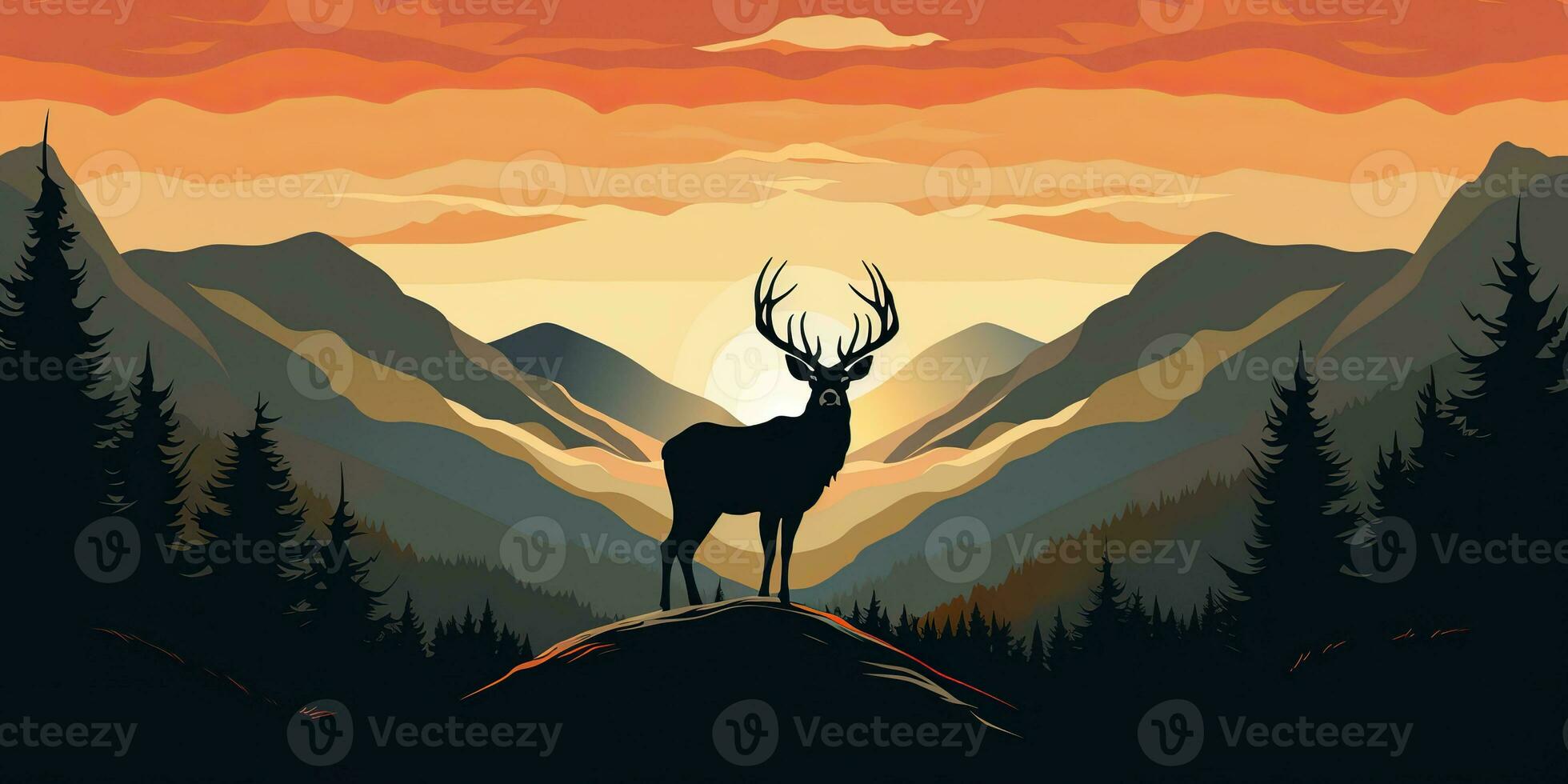 AI Generated. AI Generative. Nature outdoor forest mountain deer animal background. Adventure trekking hunting landscape background poster. Graphic Art photo