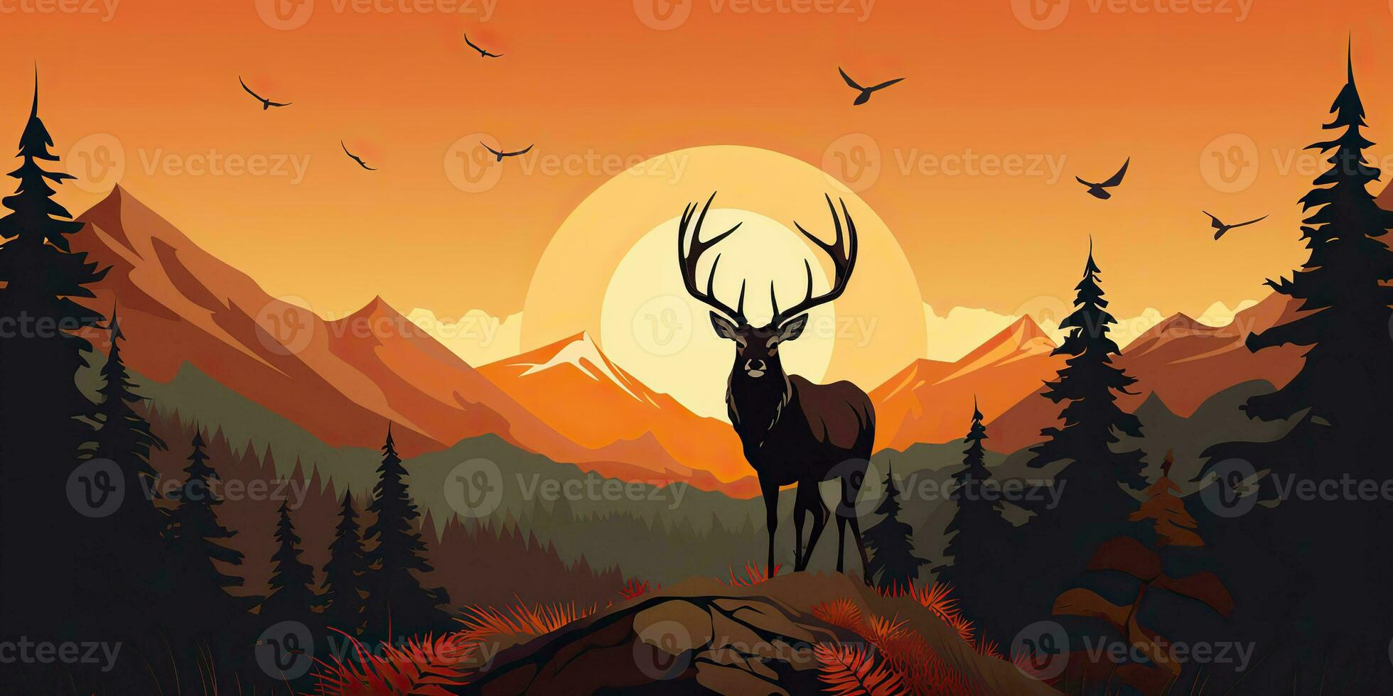 AI Generated. AI Generative. Nature outdoor forest mountain deer animal background. Adventure trekking hunting landscape background poster. Graphic Art photo