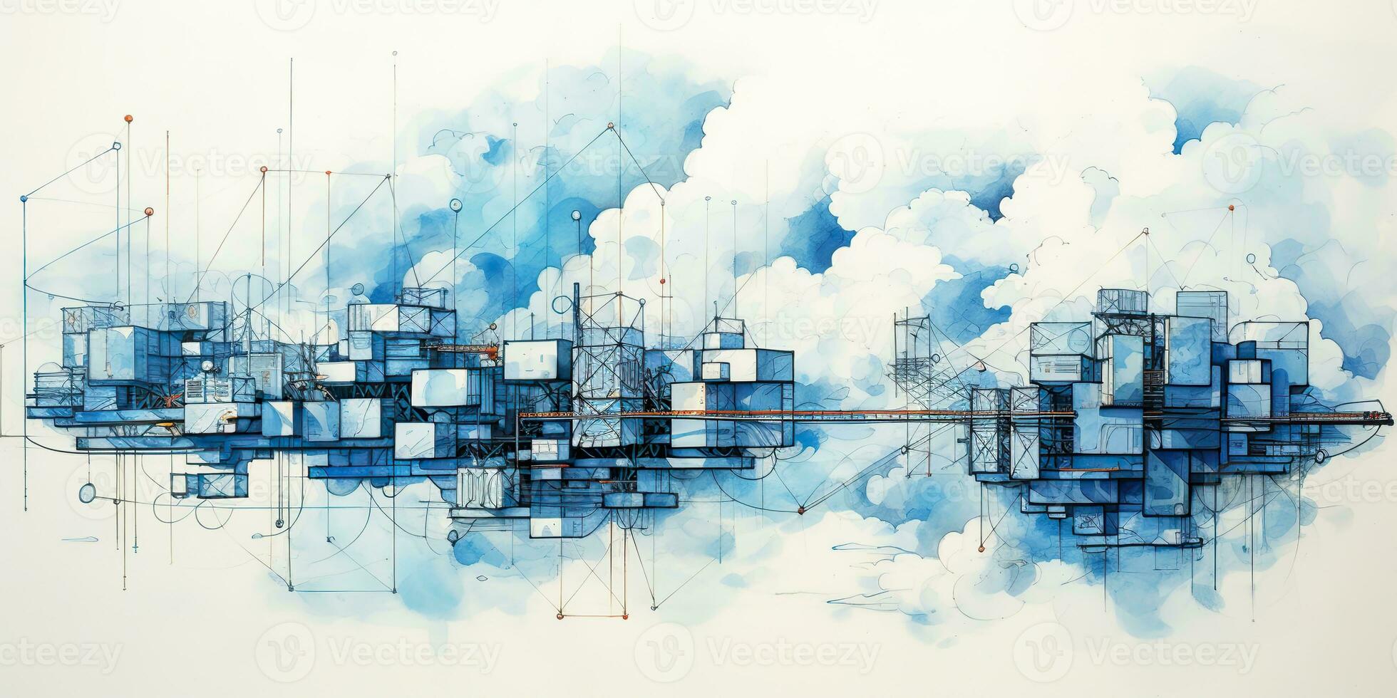 AI Generated. AI Generative. Abstract geometric factory pipeline industry drawing background in blue clouds. Graphic Art photo