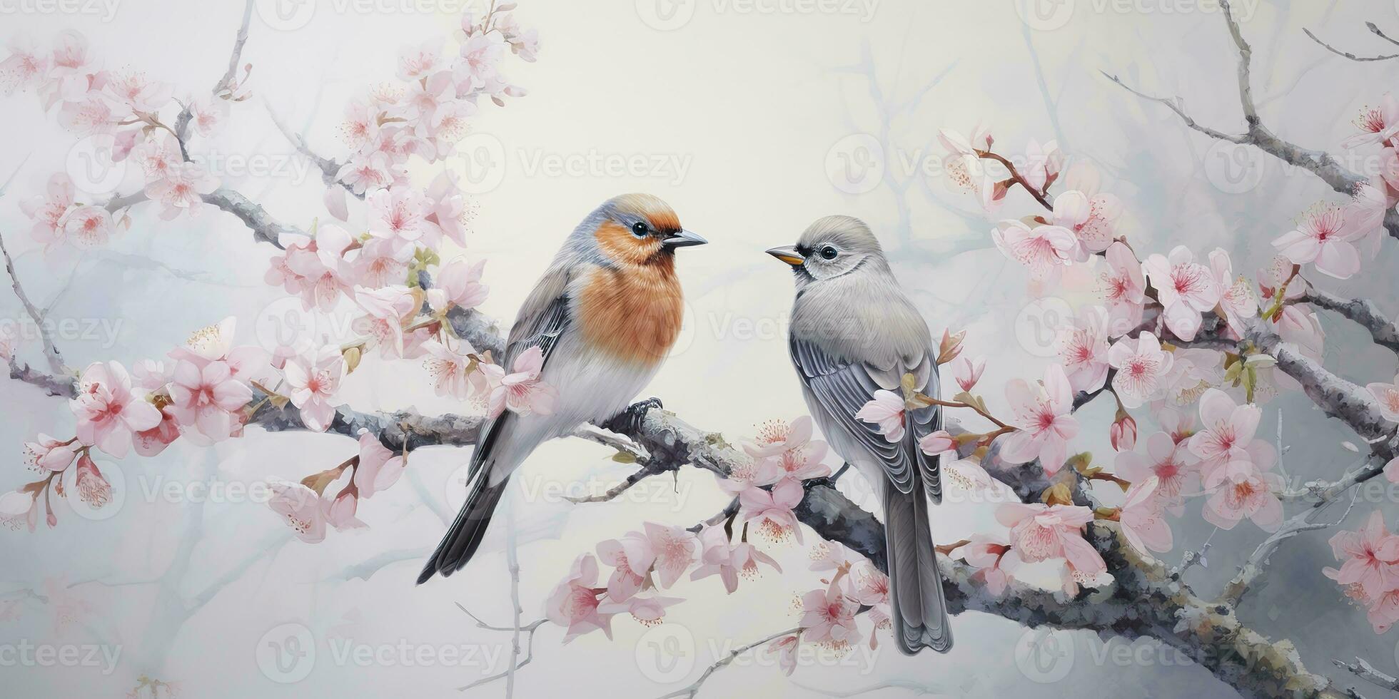 AI Generated. AI Generative. Romantic beautiful bird sitting on branch tree. Oil paint draw watercolor nature background. Graphic Art photo