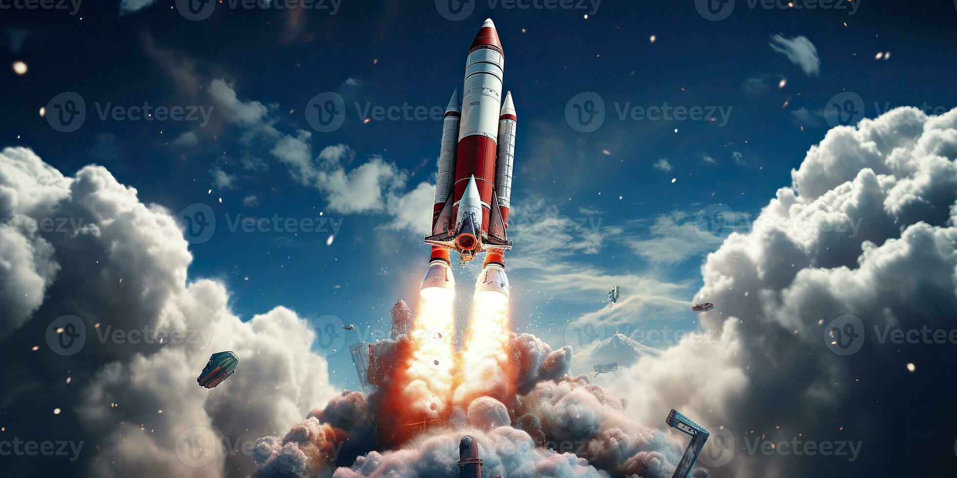 AI Generated. AI Generative. Rocket spaceship shuttle spacecraft launch. Space sgalaxy universe adventure exploration future travel vibe. Graphic Art photo