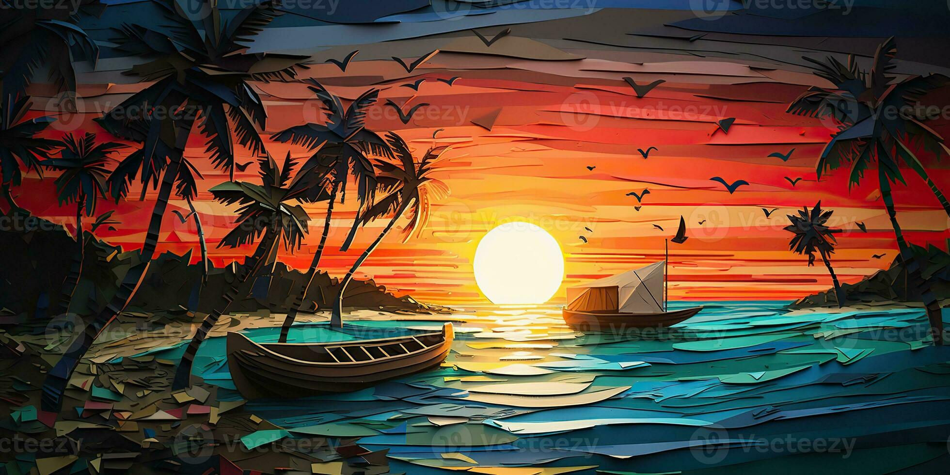AI Generated. AI Generative. Sunset island tropical paradise palms sea ocean vacation boat sail poster. Oil draw paint paper watercolor graphic style. Graphic Art photo