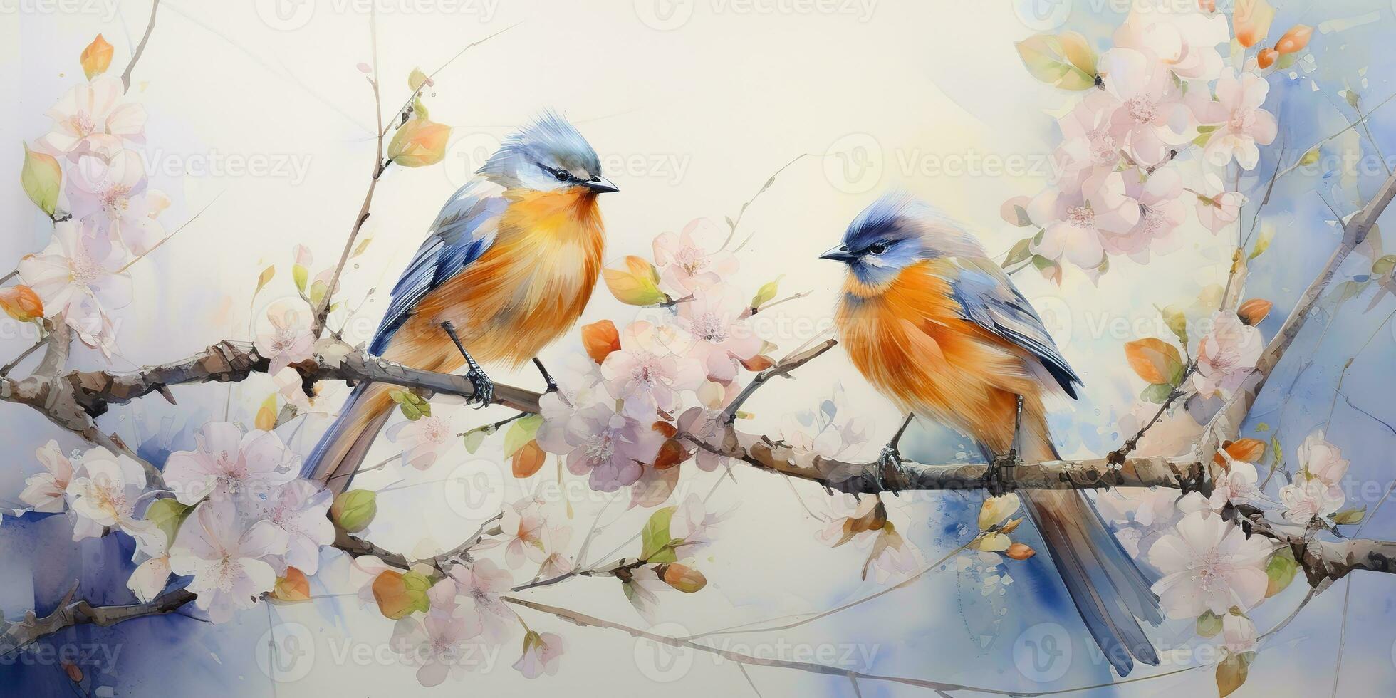 AI Generated. AI Generative. Romantic beautiful bird sitting on branch tree. Oil paint draw watercolor nature background. Graphic Art photo