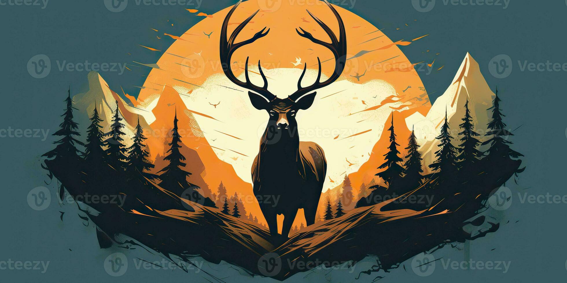 AI Generated. AI Generative. Nature outdoor forest mountain deer animal background. Adventure trekking hunting landscape background poster. Graphic Art photo