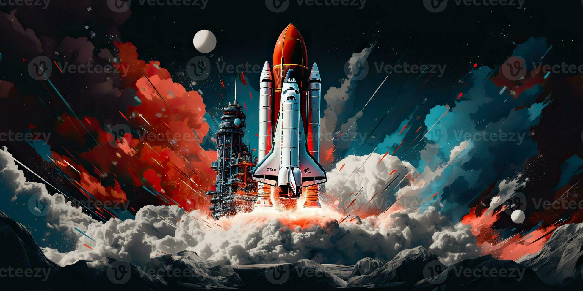 ai generado. ai generativo. cohete astronave lanzadera astronave lanzamiento. espacio galaxia universo aventuras exploración futuro viaje onda. gráfico Arte foto