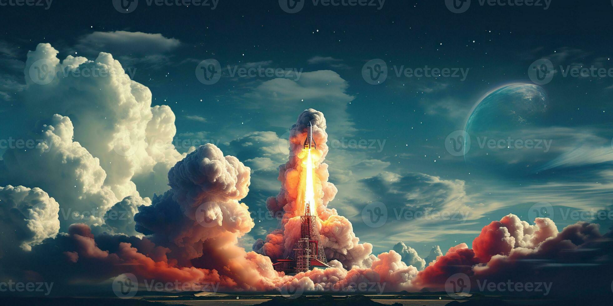 AI Generated. AI Generative. Rocket spaceship shuttle spacecraft launch. Space sgalaxy universe adventure exploration future travel vibe. Graphic Art photo