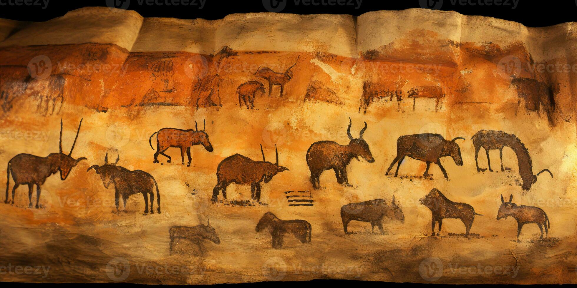 AI Generated. AI Generative. Primitive historical stone cave wall drawing art of animals hunting. Graphic Art photo