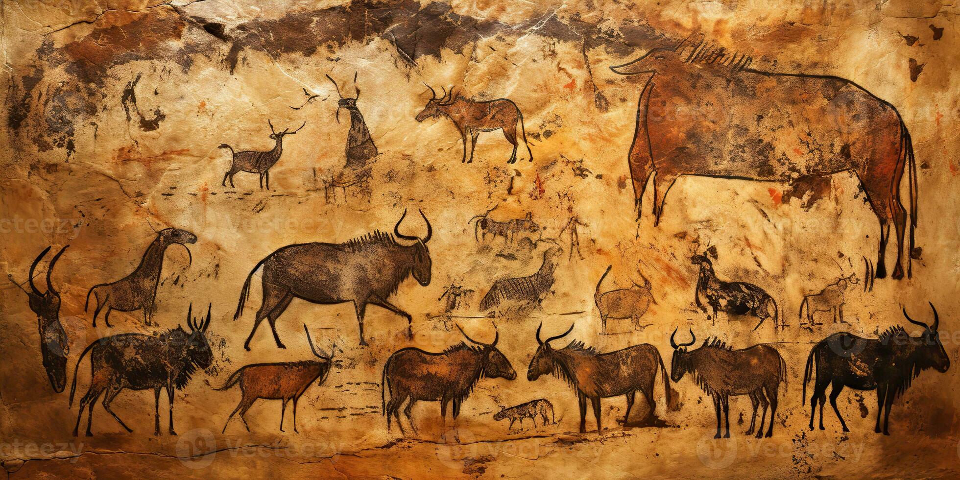 AI Generated. AI Generative. Primitive historical stone cave wall drawing art of animals hunting. Graphic Art photo