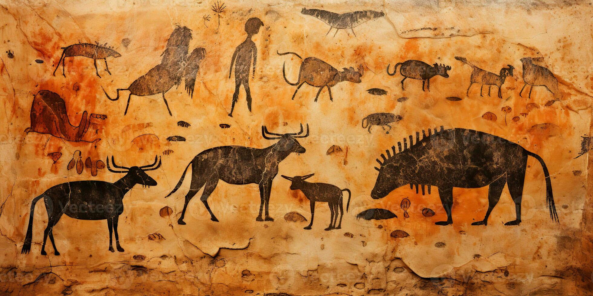 AI Generated. AI Generative. Primitive historical stone cave wall drawing art of animals hunting. Graphic Art photo