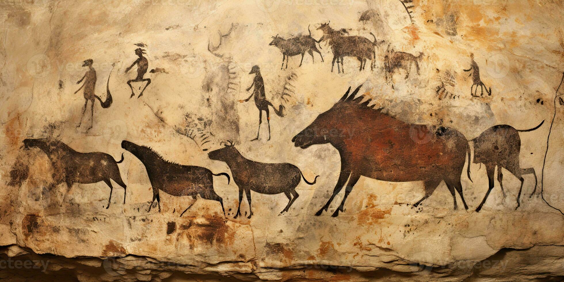 AI Generated. AI Generative. Primitive historical stone cave wall drawing art of animals hunting. Graphic Art photo