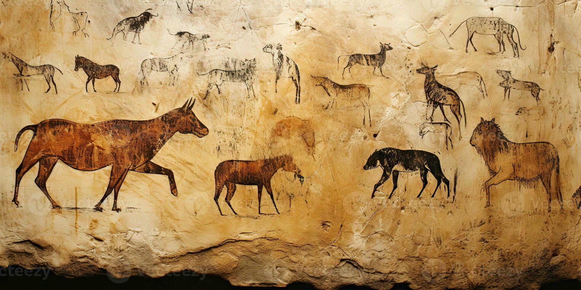 AI Generated. AI Generative. Primitive historical stone cave wall drawing art of animals hunting. Graphic Art photo