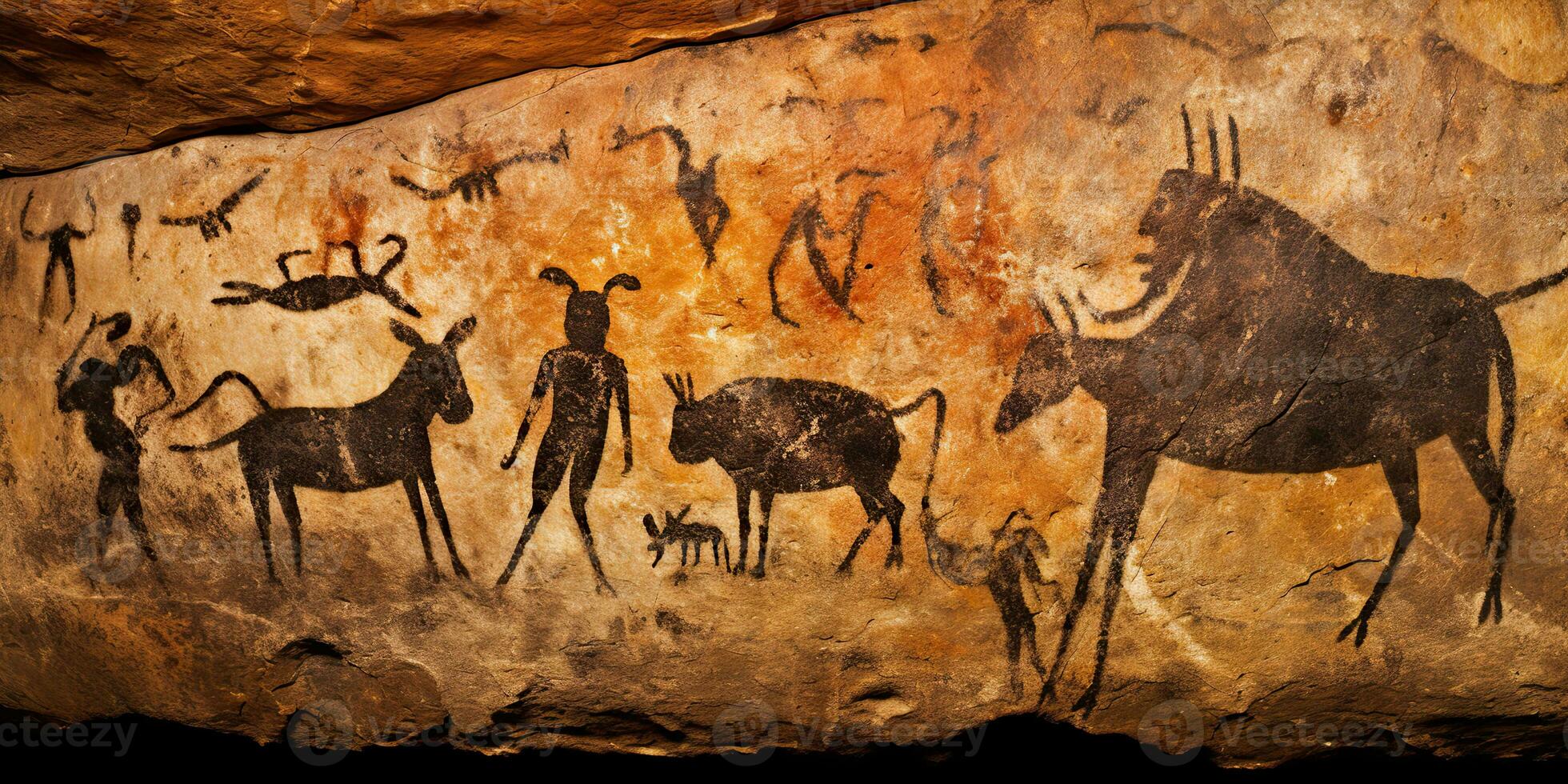 AI Generated. AI Generative. Primitive historical stone cave wall drawing art of animals hunting. Graphic Art photo