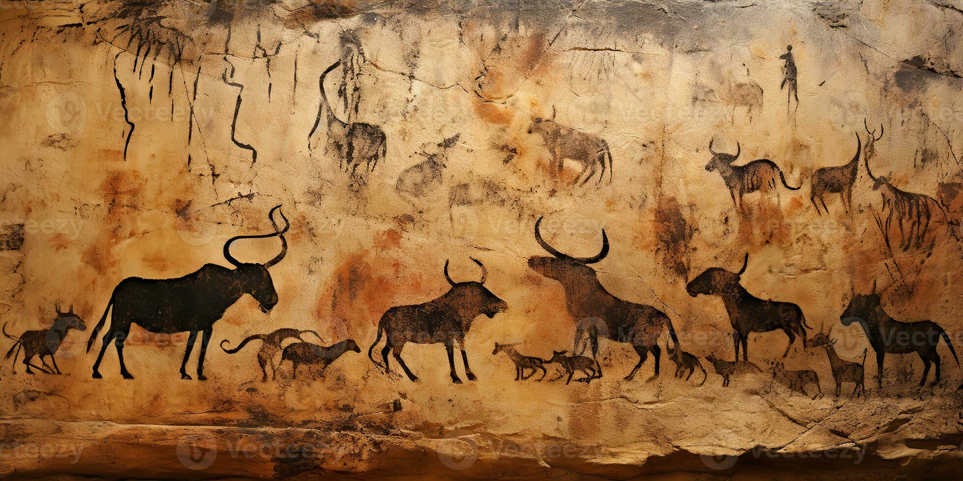 AI Generated. AI Generative. Primitive historical stone cave wall drawing art of animals hunting. Graphic Art photo