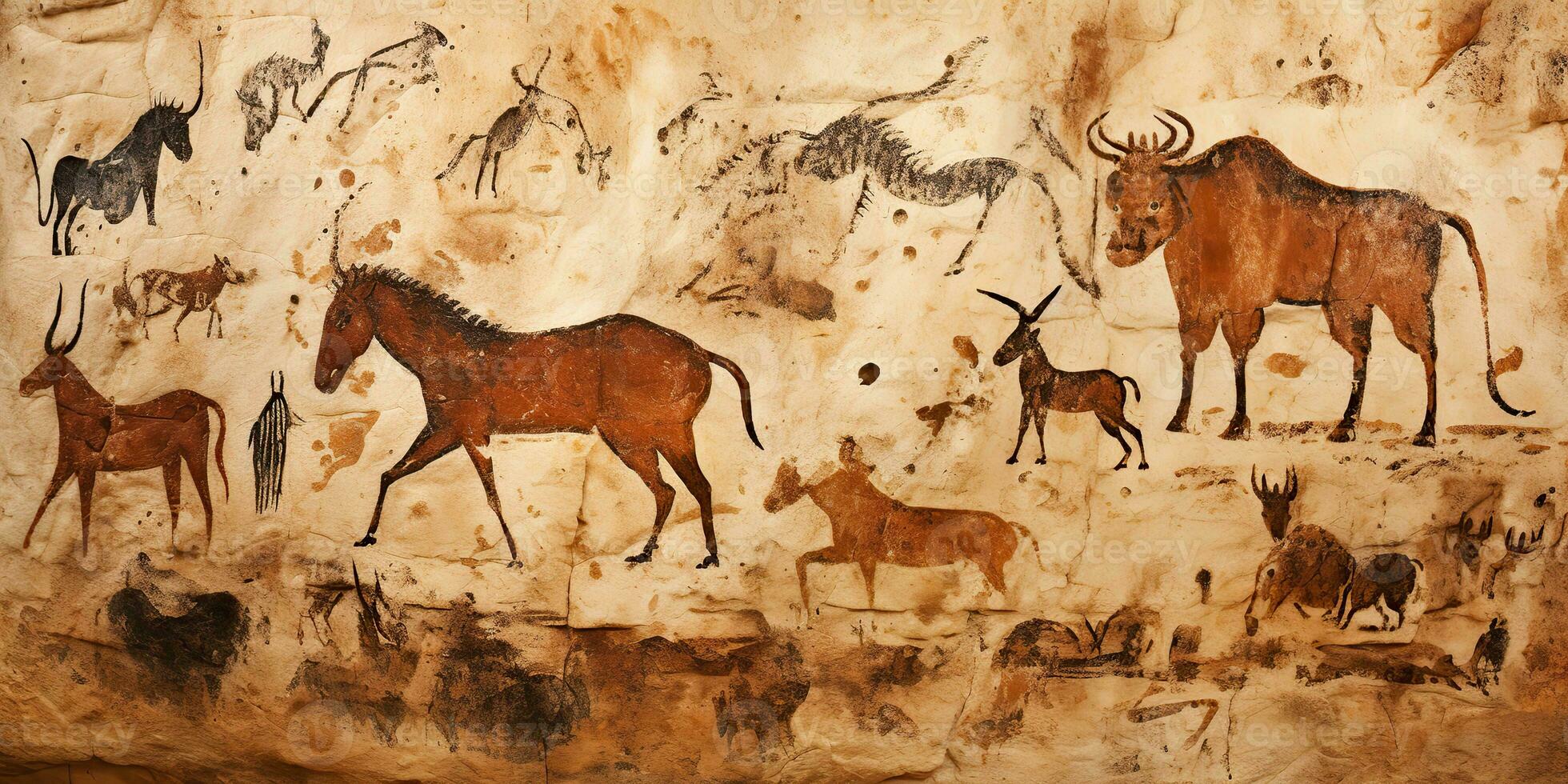 AI Generated. AI Generative. Primitive historical stone cave wall drawing art of animals hunting. Graphic Art photo