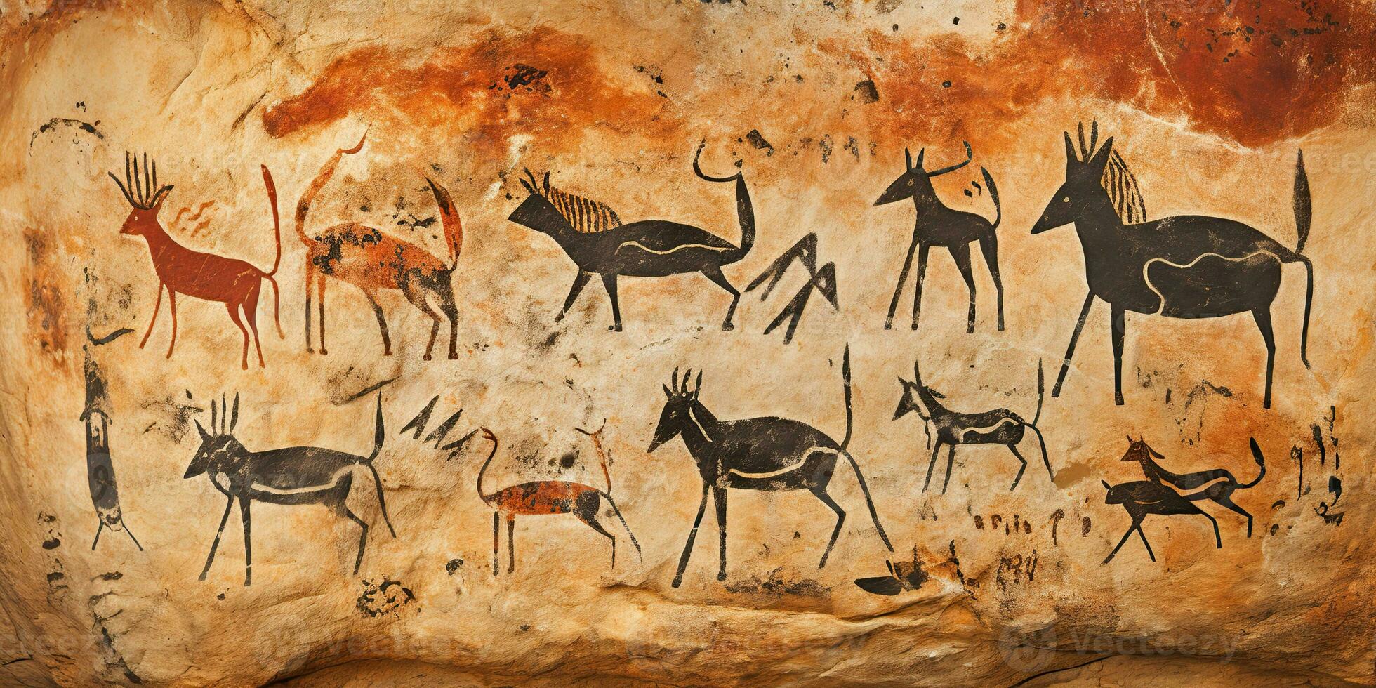 AI Generated. AI Generative. Primitive historical stone cave wall drawing art of animals hunting. Graphic Art photo
