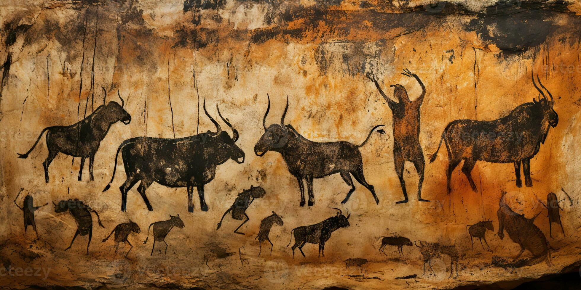 AI Generated. AI Generative. Primitive historical stone cave wall drawing art of animals hunting. Graphic Art photo