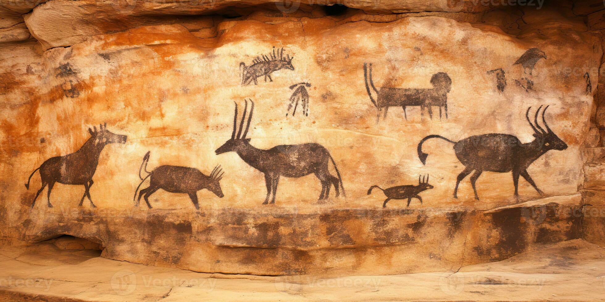 AI Generated. AI Generative. Primitive historical stone cave wall drawing art of animals hunting. Graphic Art photo