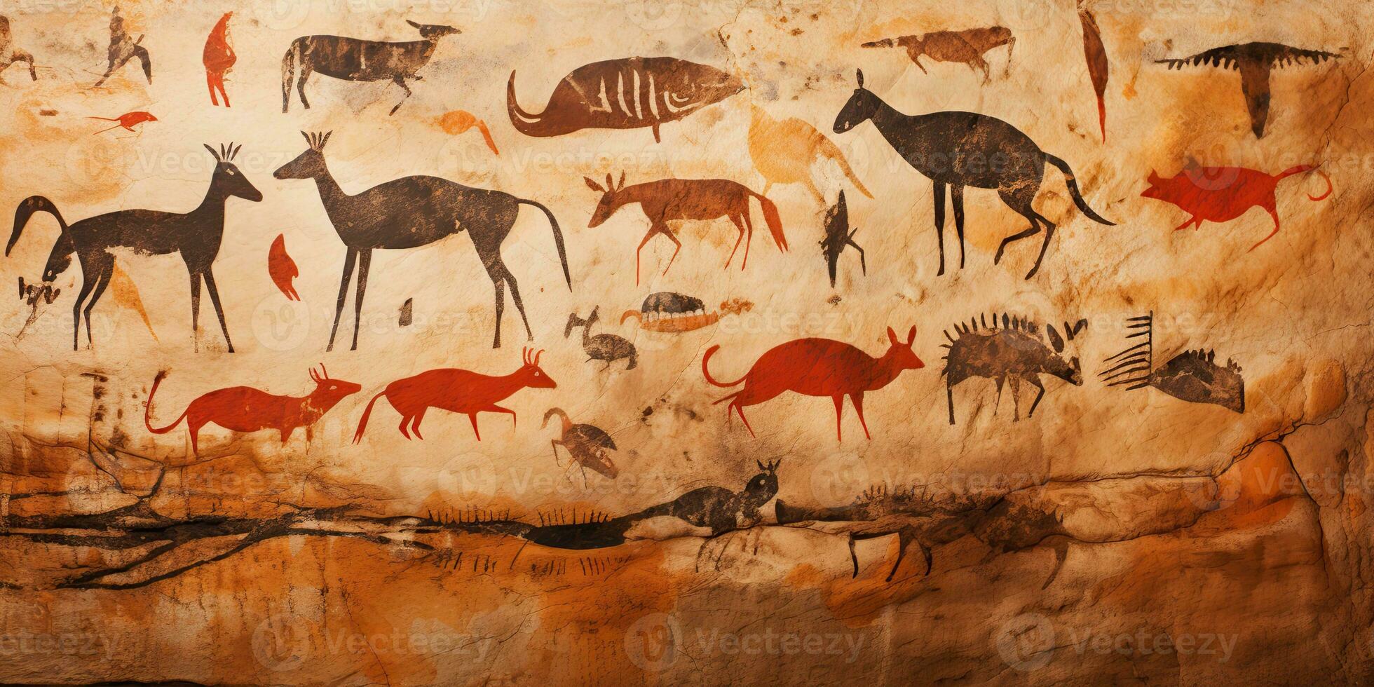 AI Generated. AI Generative. Primitive historical stone cave wall drawing art of animals hunting. Graphic Art photo