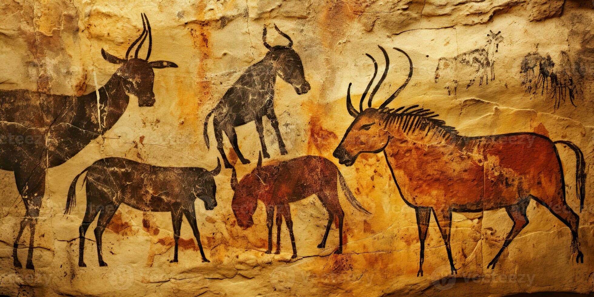 AI Generated. AI Generative. Primitive historical stone cave wall drawing art of animals hunting. Graphic Art photo