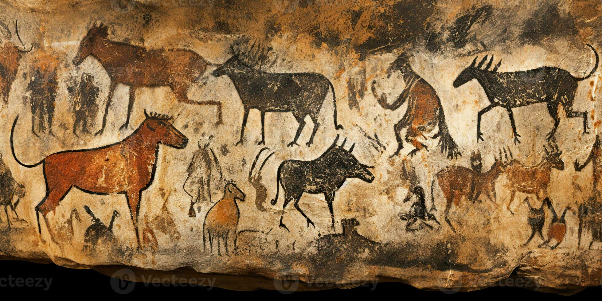 AI Generated. AI Generative. Primitive historical stone cave wall drawing art of animals hunting. Graphic Art photo