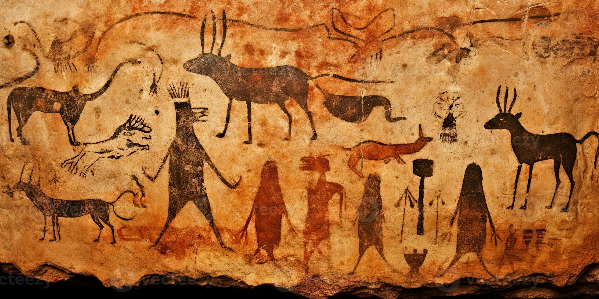 AI Generated. AI Generative. Primitive historical stone cave wall drawing art of animals hunting. Graphic Art photo