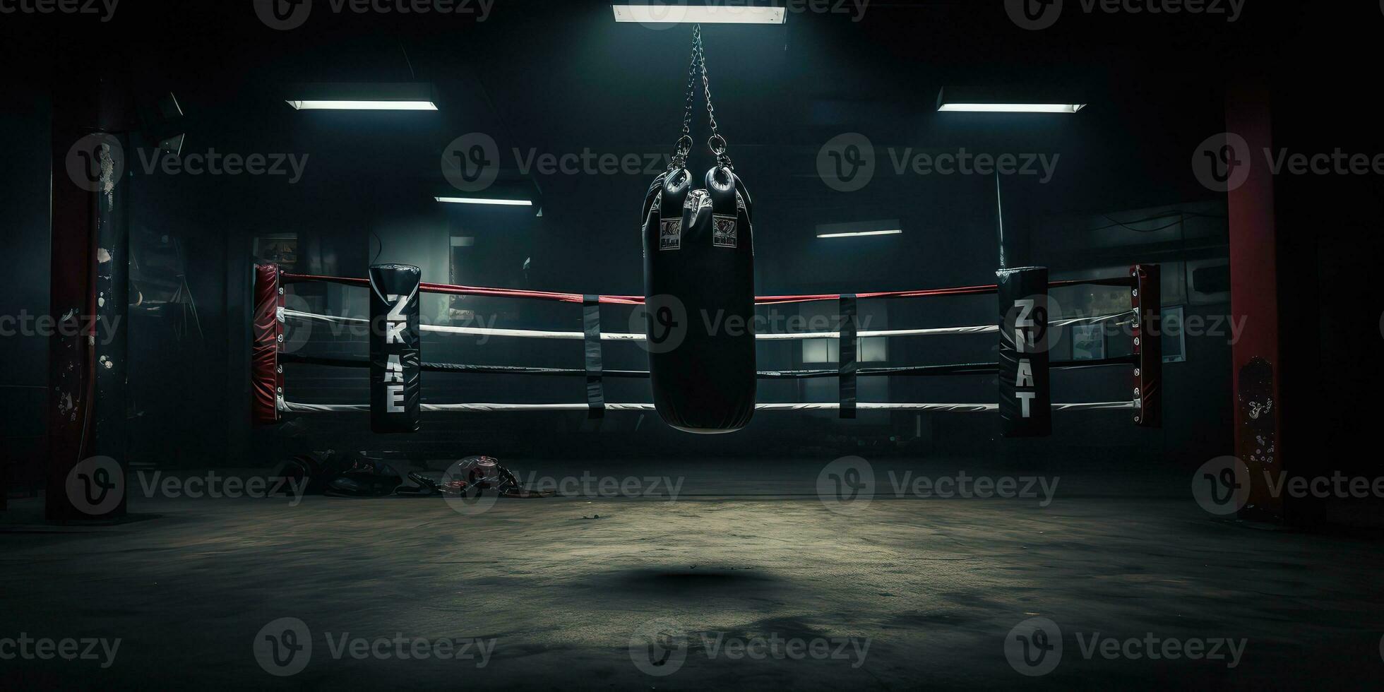 AI Generated. AI Generative. Dark vintage retro old gym boxing bag fitness sport martial arts room interior. Graphic Art photo