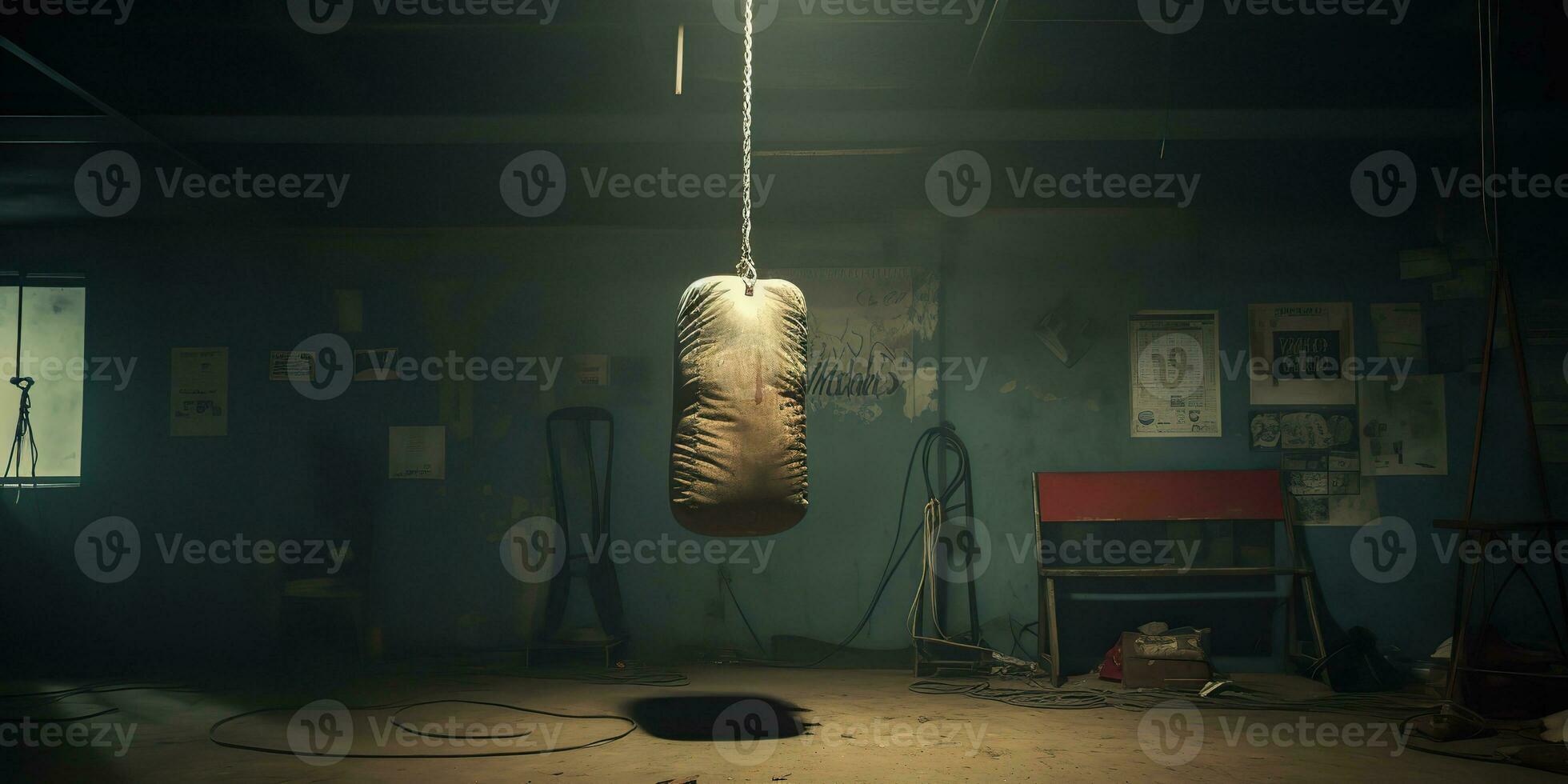 AI Generated. AI Generative. Dark vintage retro old gym boxing bag fitness sport martial arts room interior. Graphic Art photo