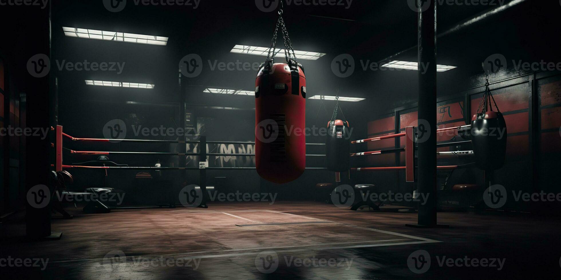 AI Generated. AI Generative. Dark vintage retro old gym boxing bag fitness sport martial arts room interior. Graphic Art photo