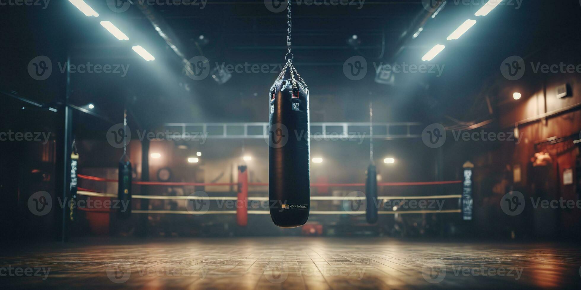 AI Generated. AI Generative. Dark vintage retro old gym boxing bag fitness sport martial arts room interior. Graphic Art photo