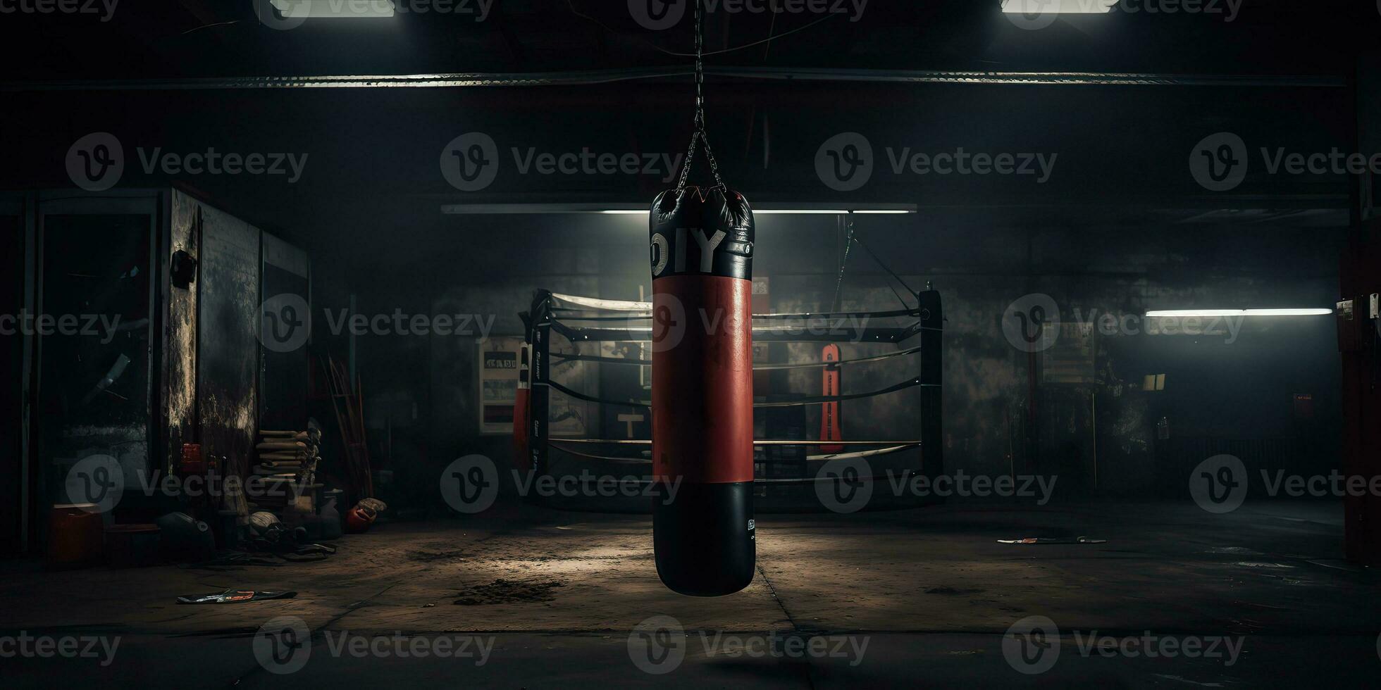 AI Generated. AI Generative. Dark vintage retro old gym boxing bag fitness sport martial arts room interior. Graphic Art photo