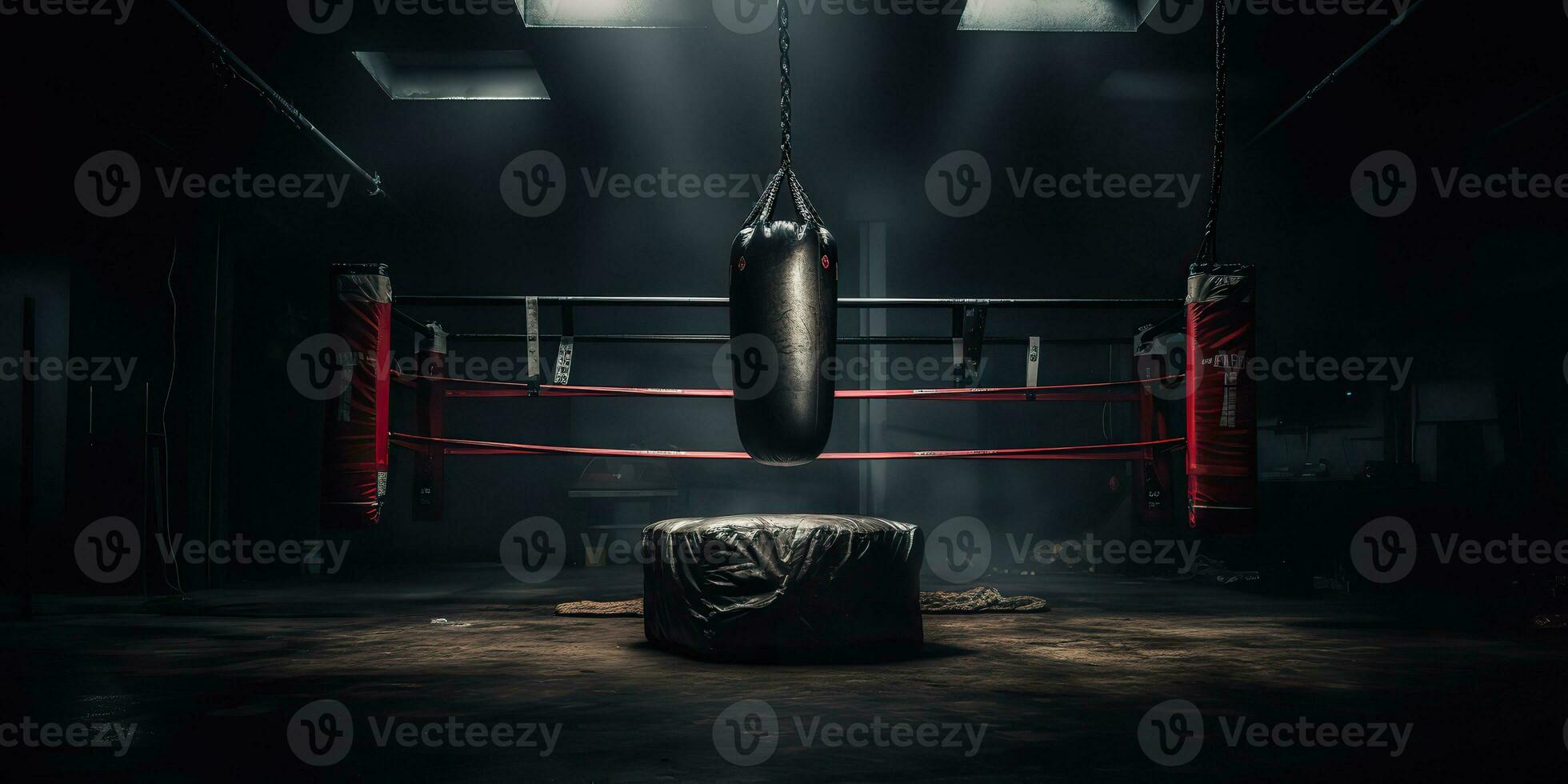 AI Generated. AI Generative. Dark vintage retro old gym boxing bag fitness sport martial arts room interior. Graphic Art photo