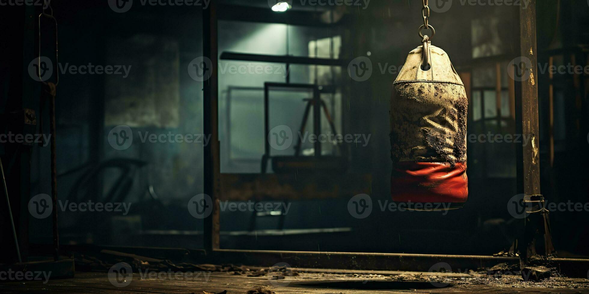 AI Generated. AI Generative. Dark vintage retro old gym boxing bag fitness sport martial arts room interior. Graphic Art photo