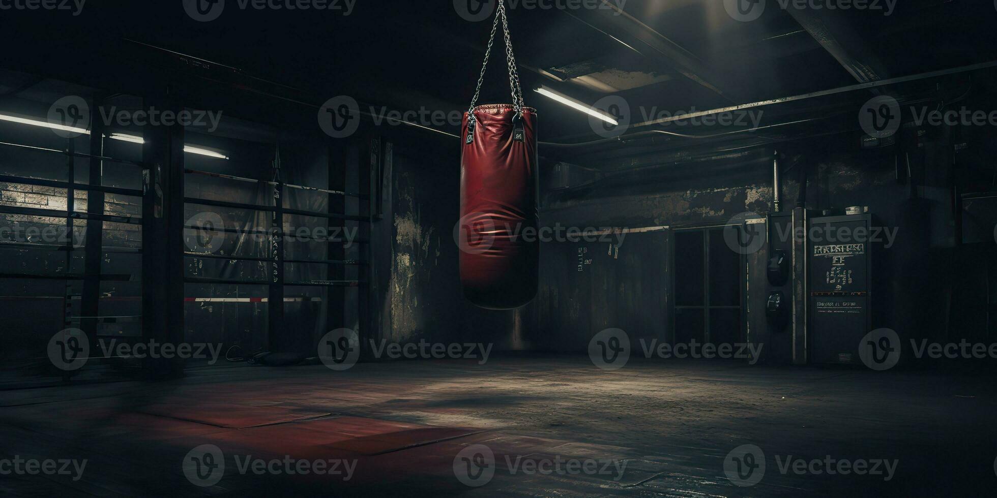 AI Generated. AI Generative. Dark vintage retro old gym boxing bag fitness sport martial arts room interior. Graphic Art photo