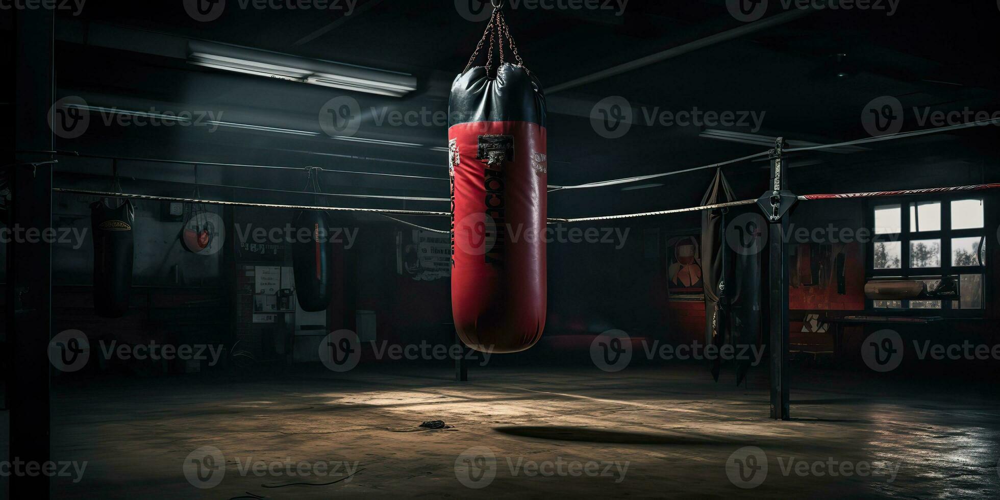 AI Generated. AI Generative. Dark vintage retro old gym boxing bag fitness sport martial arts room interior. Graphic Art photo