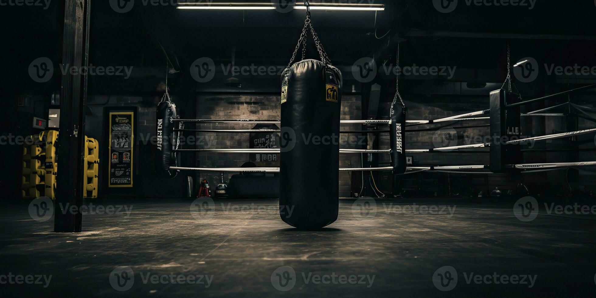 AI Generated. AI Generative. Dark vintage retro old gym boxing bag fitness sport martial arts room interior. Graphic Art photo