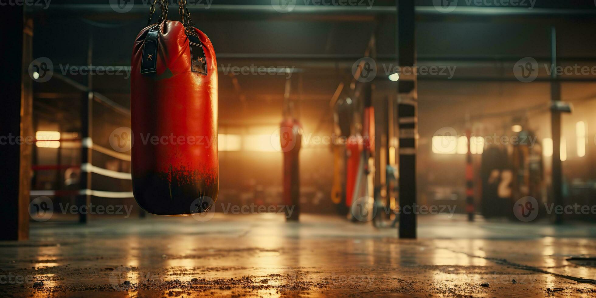 AI Generated. AI Generative. Dark vintage retro old gym boxing bag fitness sport martial arts room interior. Graphic Art photo