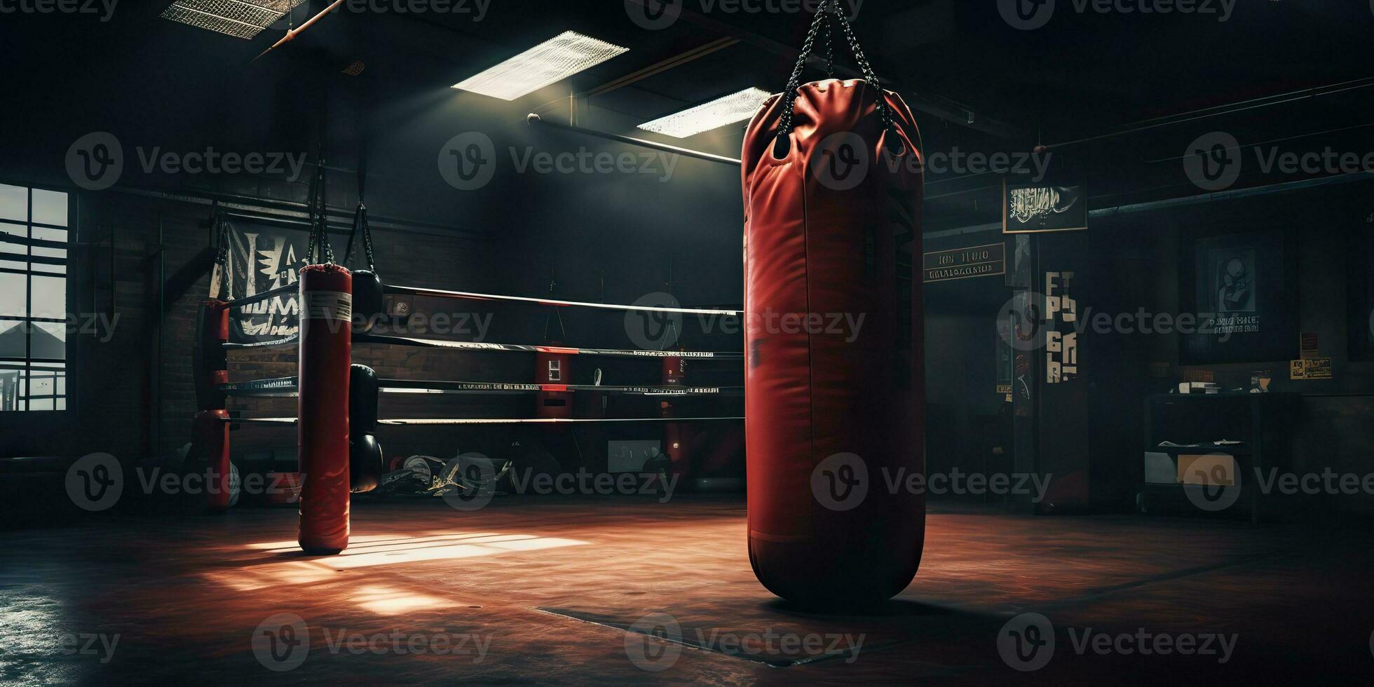 AI Generated. AI Generative. Dark vintage retro old gym boxing bag fitness sport martial arts room interior. Graphic Art photo