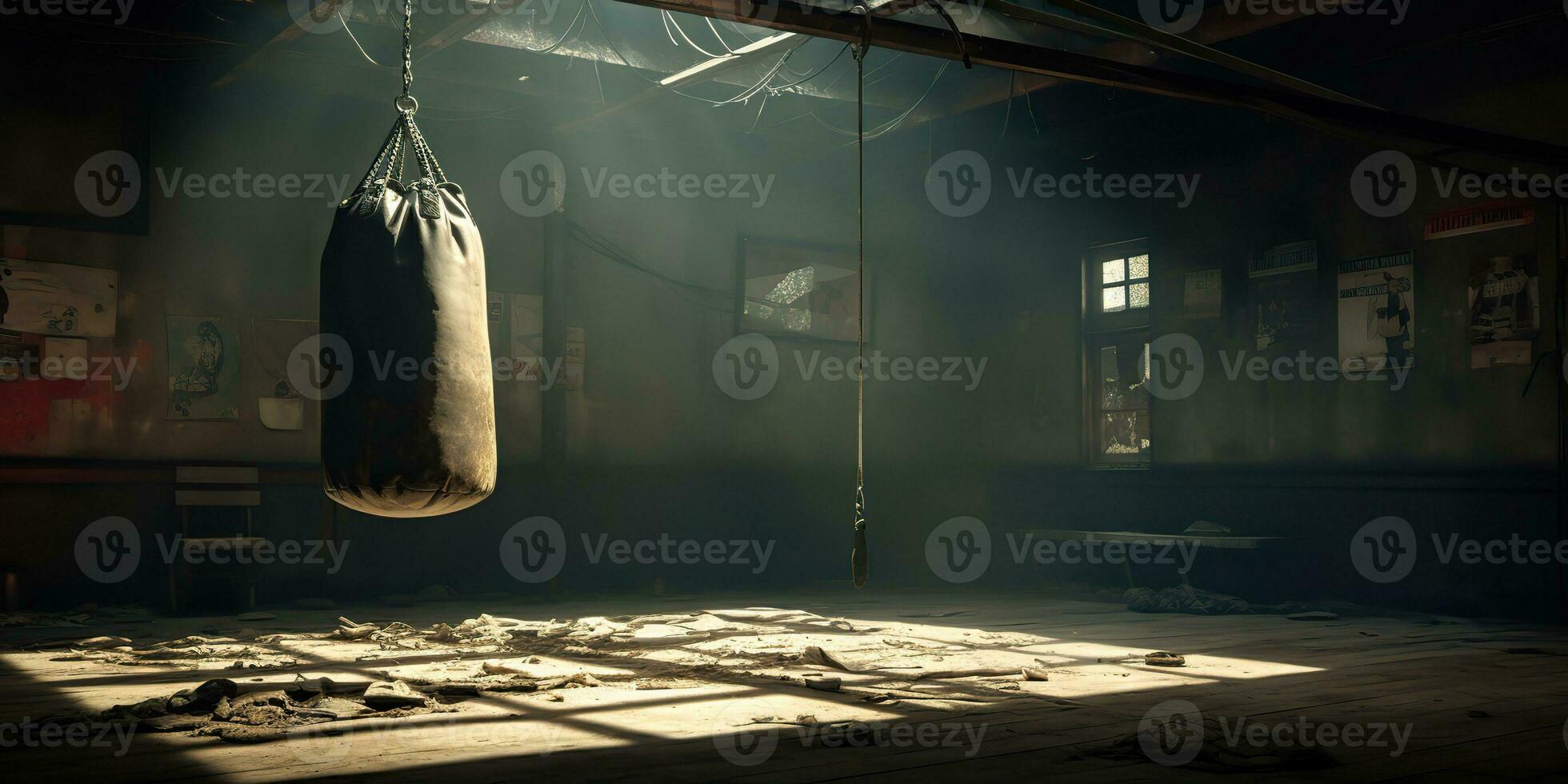 AI Generated. AI Generative. Dark vintage retro old gym boxing bag fitness sport martial arts room interior. Graphic Art photo