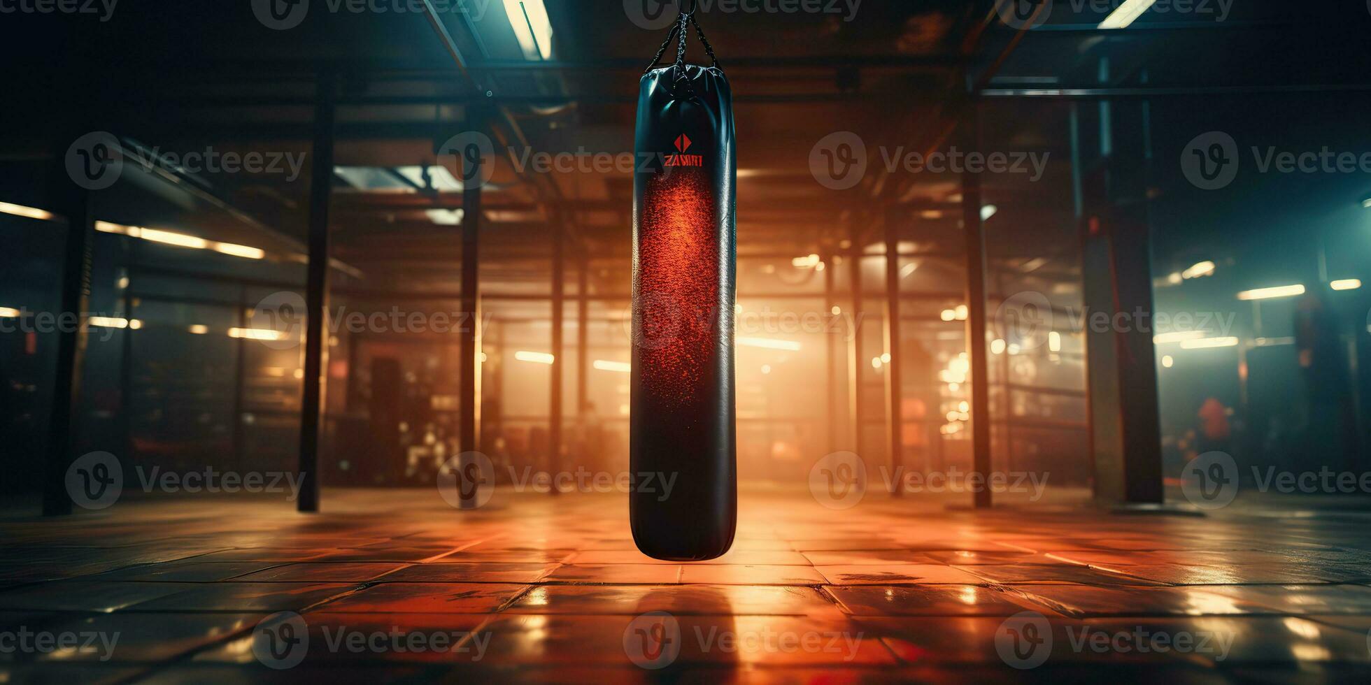 AI Generated. AI Generative. Dark vintage retro old gym boxing bag fitness sport martial arts room interior. Graphic Art photo