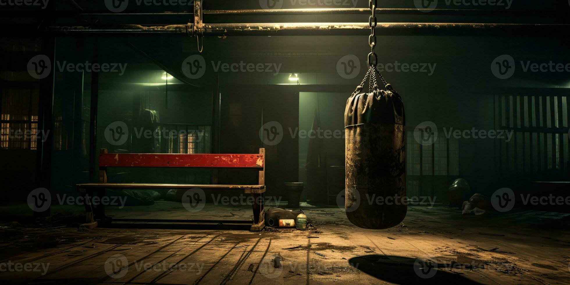 AI Generated. AI Generative. Dark vintage retro old gym boxing bag fitness sport martial arts room interior. Graphic Art photo