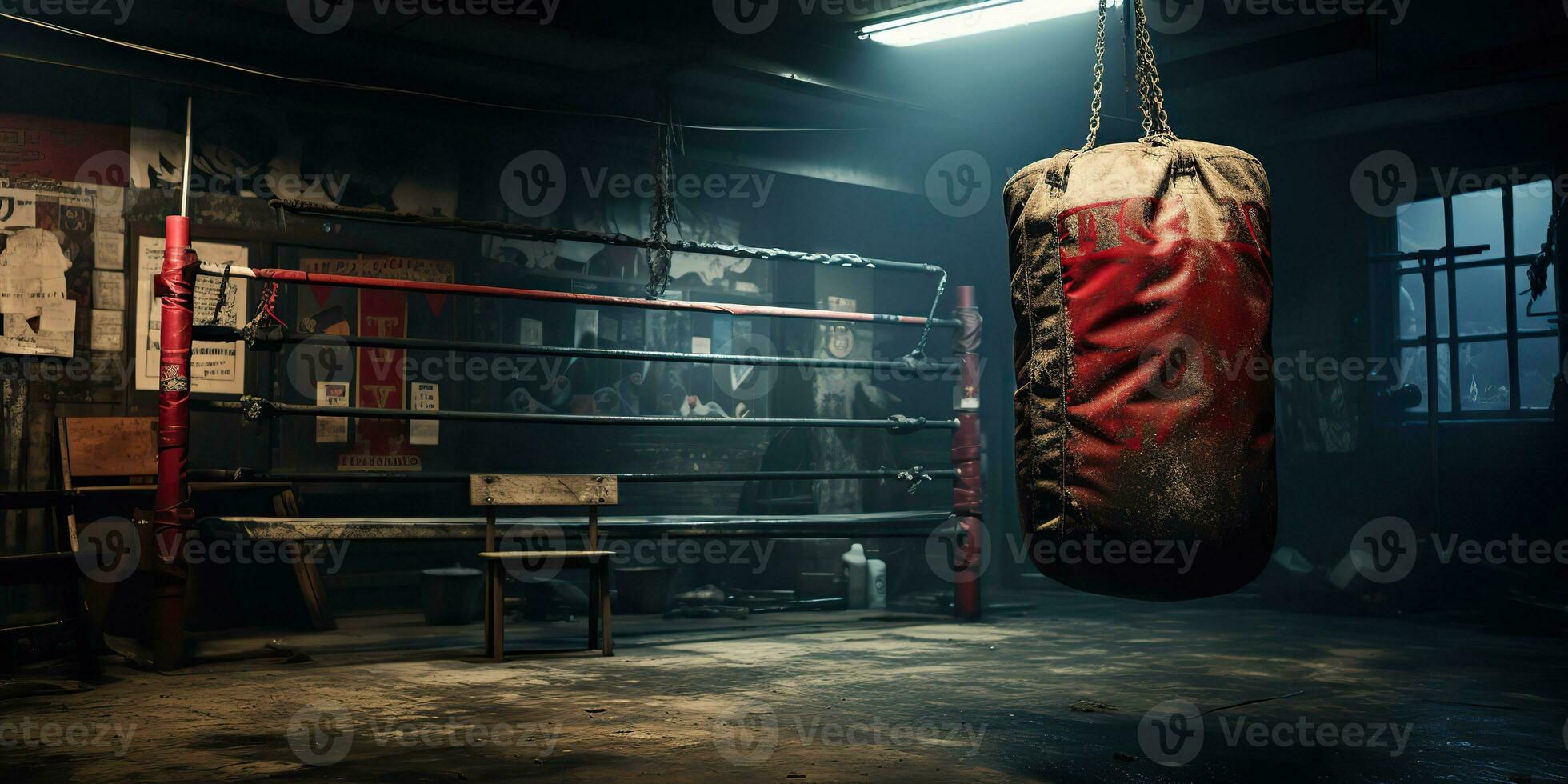 AI Generated. AI Generative. Dark vintage retro old gym boxing bag fitness sport martial arts room interior. Graphic Art photo