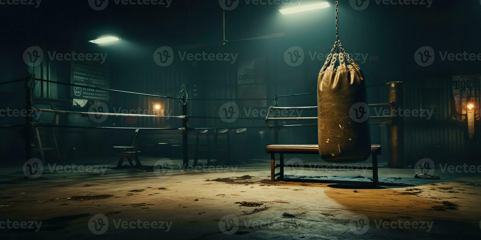 AI Generated. AI Generative. Dark vintage retro old gym boxing bag fitness sport martial arts room interior. Graphic Art photo