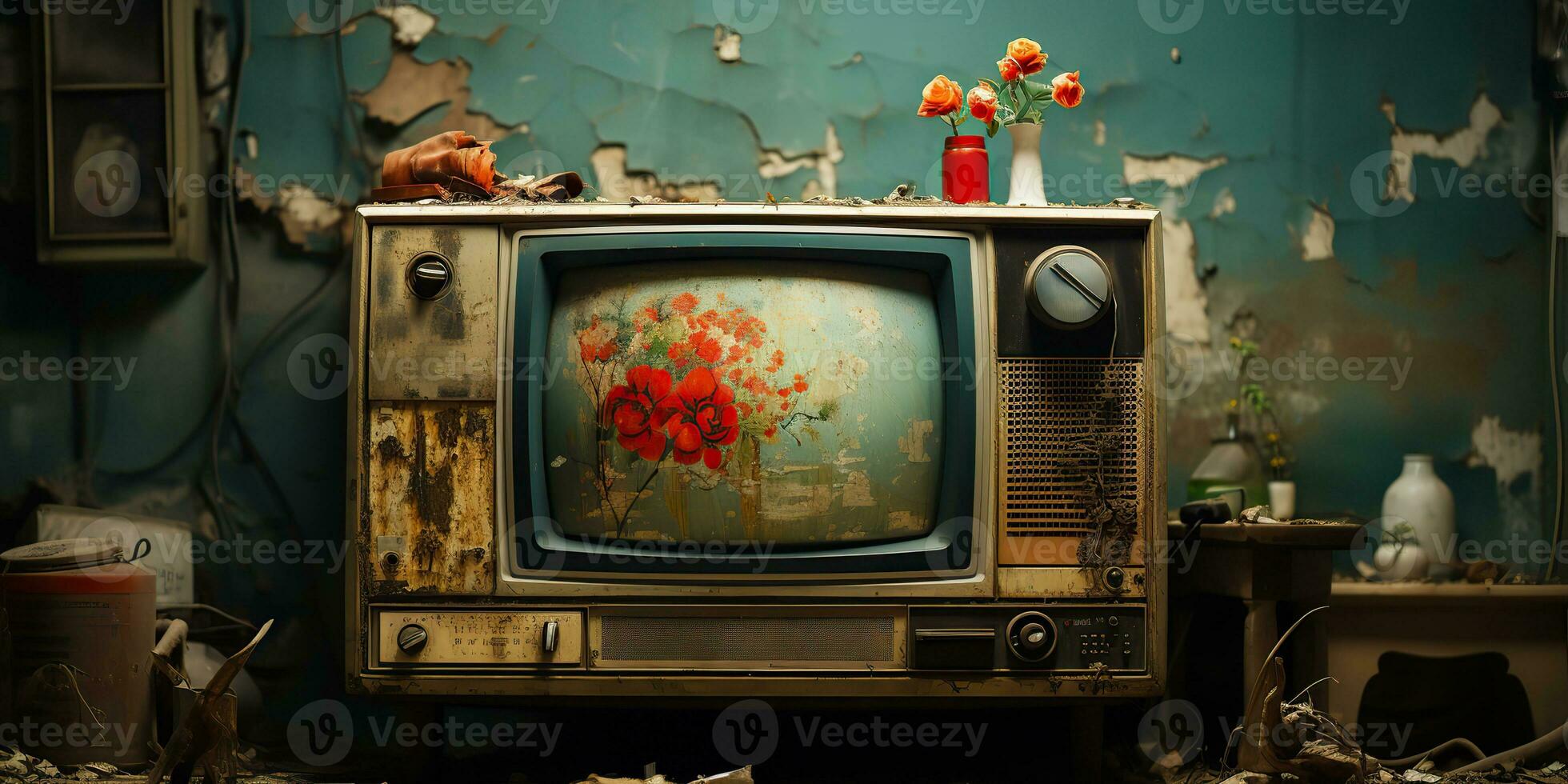 AI Generated. AI Generative. Vintafe retro old antique tv televison box close to the wall background. Graphic Art photo