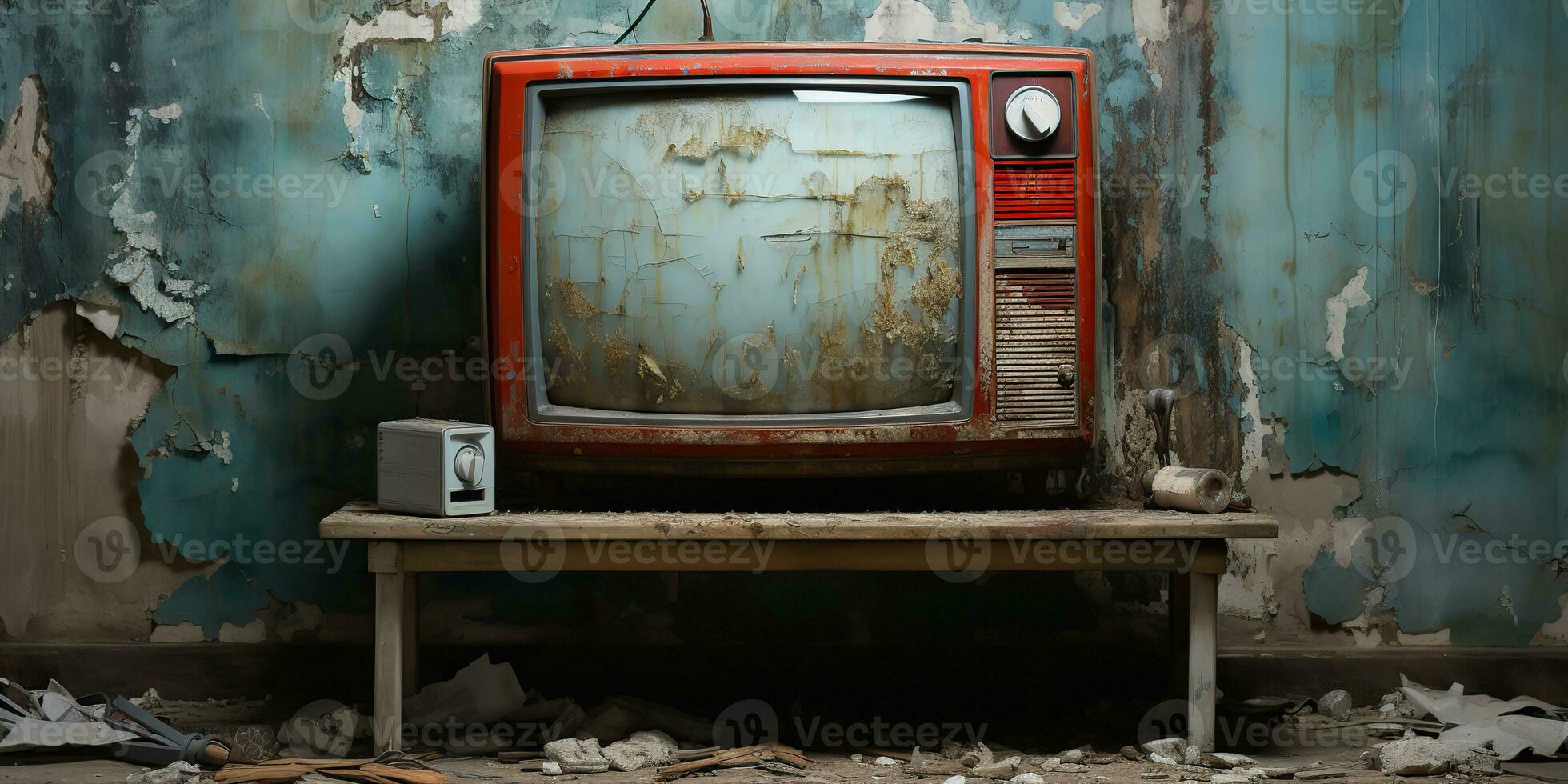 AI Generated. AI Generative. Vintafe retro old antique tv televison box close to the wall background. Graphic Art photo