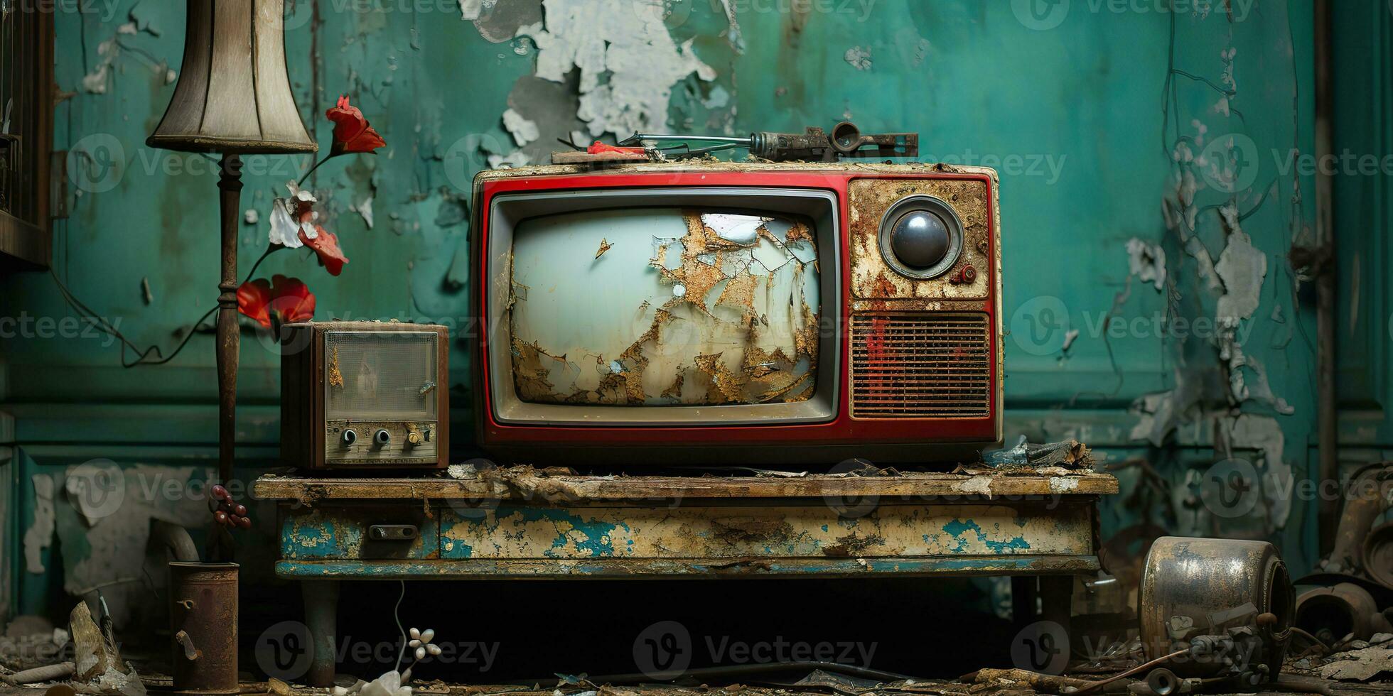 AI Generated. AI Generative. Vintafe retro old antique tv televison box close to the wall background. Graphic Art photo