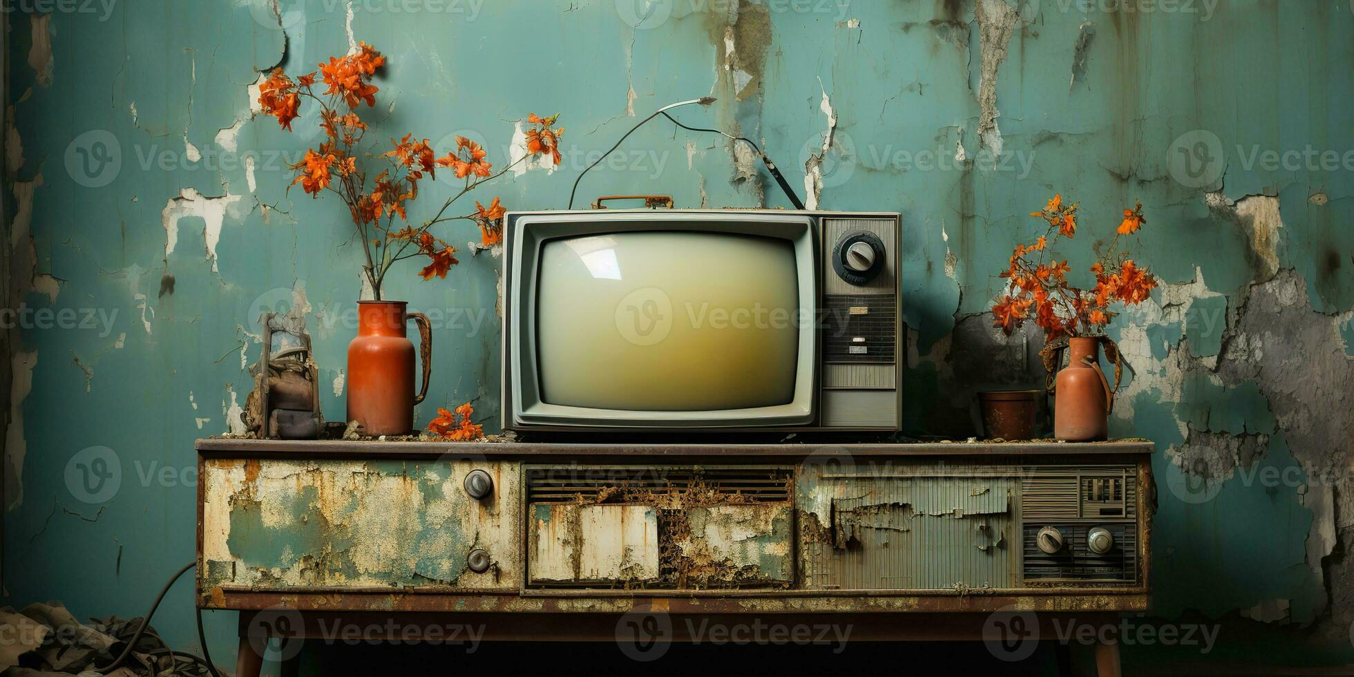 ai generado. ai generativo. vino retro antiguo antiguo televisión televison caja cerca a el pared antecedentes. gráfico Arte foto