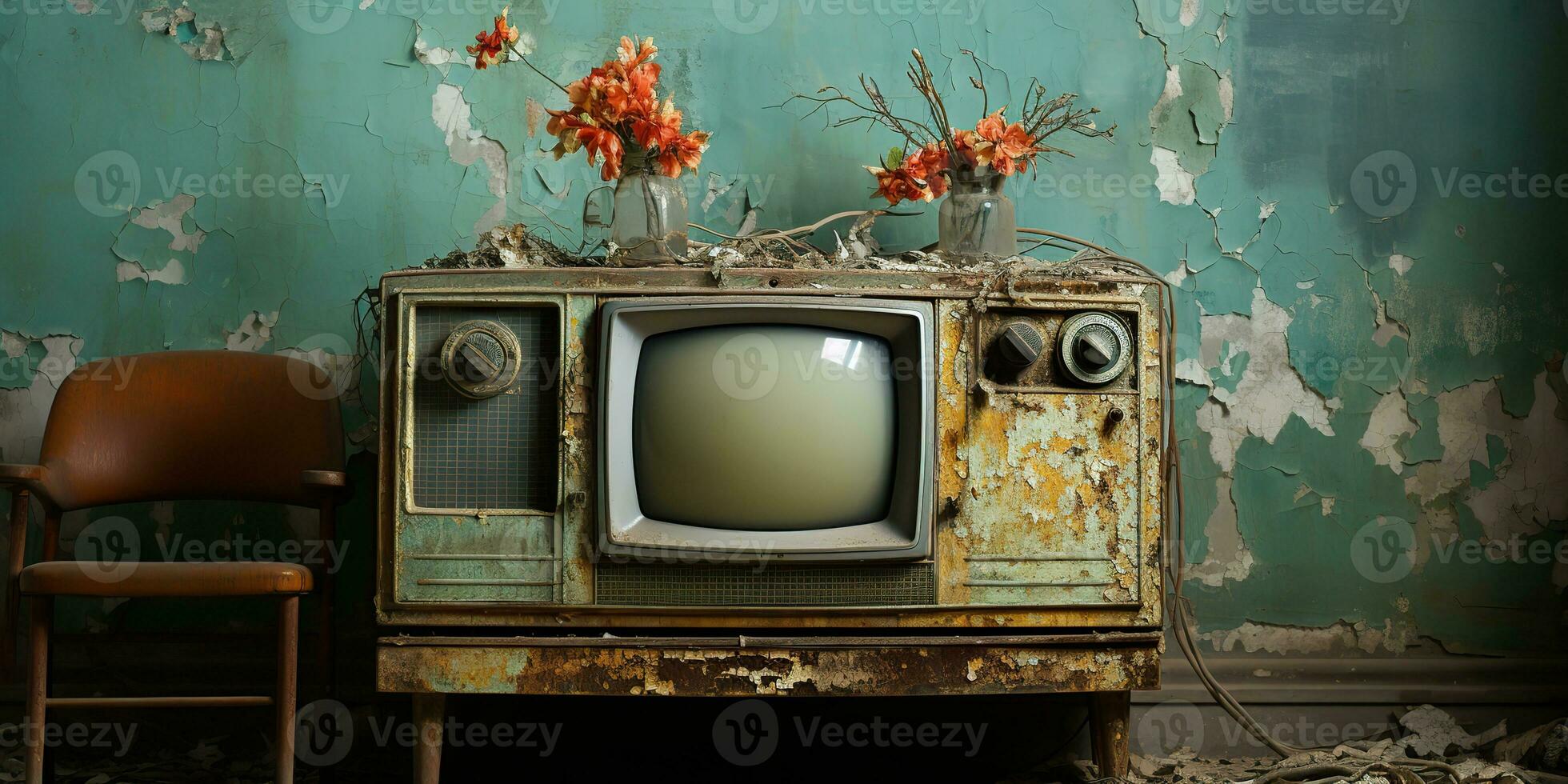 ai generado. ai generativo. vino retro antiguo antiguo televisión televison caja cerca a el pared antecedentes. gráfico Arte foto