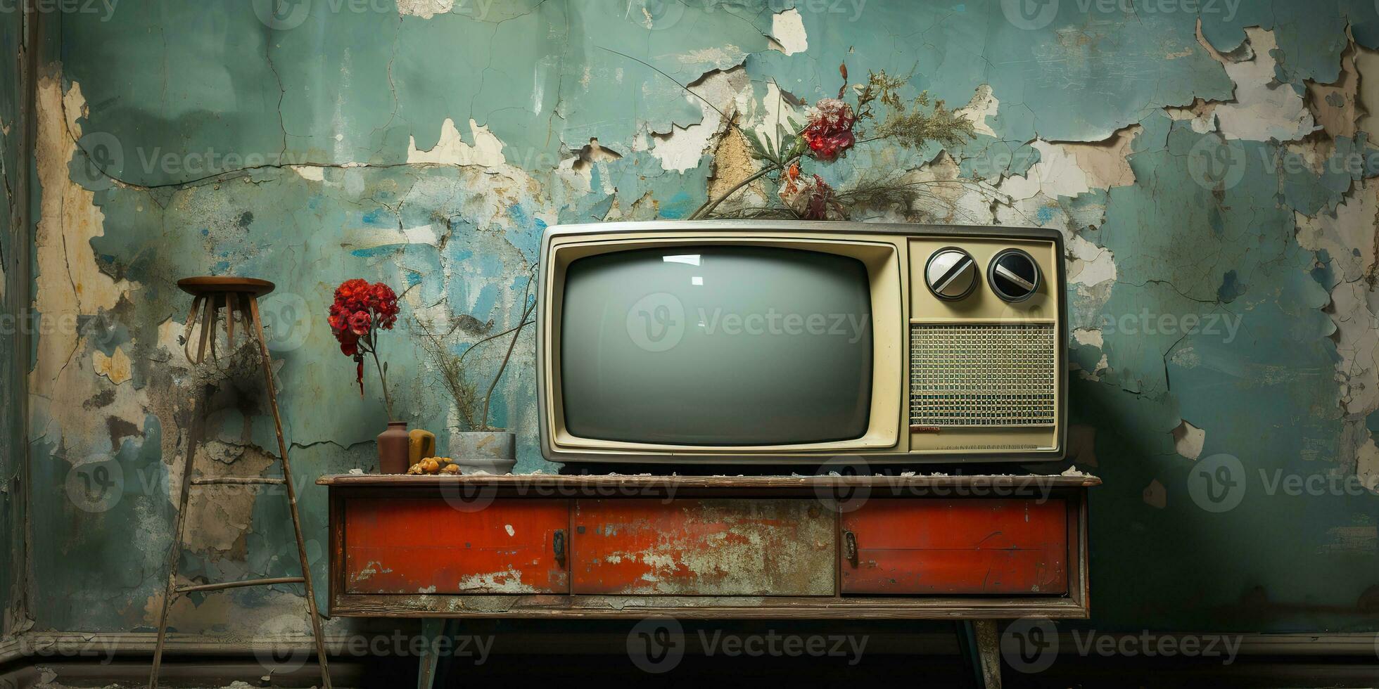 AI Generated. AI Generative. Vintafe retro old antique tv televison box close to the wall background. Graphic Art photo